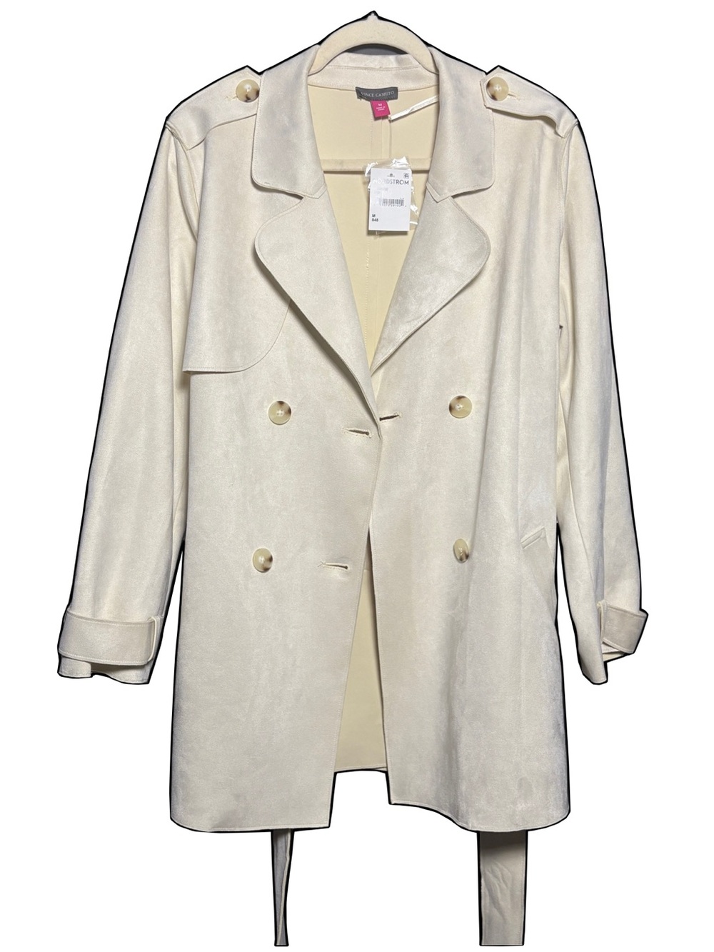 NWT Vince Camuto Cream White Faux Suede Double-Breasted Short Trench Coat